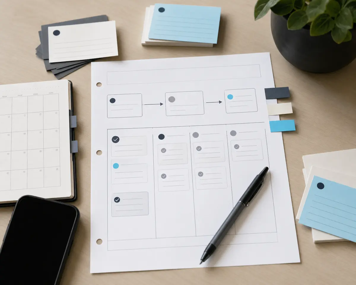 A printed follow-up workflow worksheet with abstract cards, arrows, checkmarks, and blue status tabs.